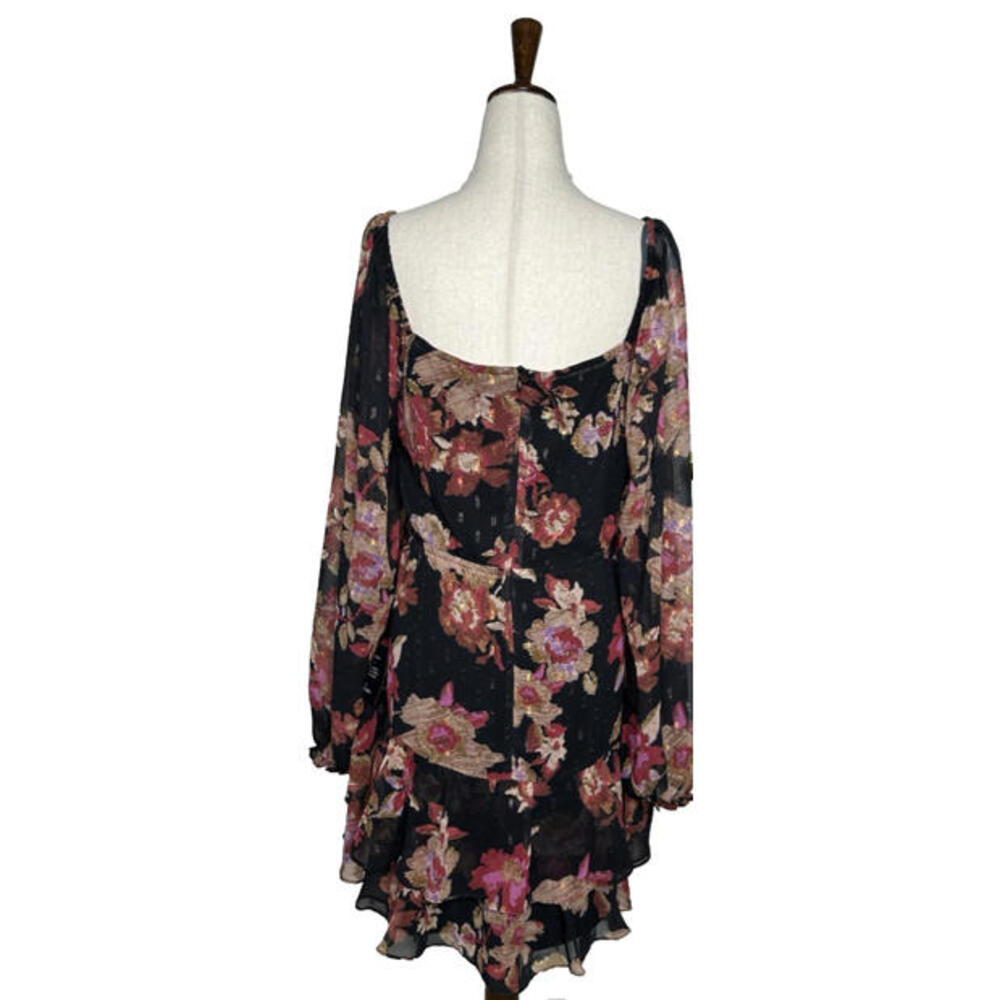 Romantic Floral Chiffon Tiered Lurex Mini Dress V Neck Balloon Sleeve - Picture 4 of 8